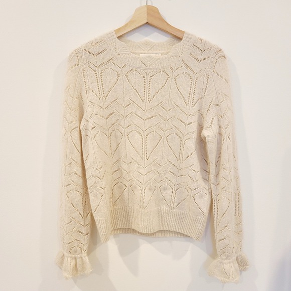 Treasure & Bond Sweaters - Treasure & Bond Cream Alpaca Wool Pointelle Heart Knit Ruffle Cuff Sweater S